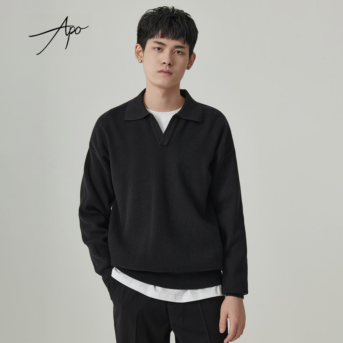APO Men's Wear: Lapel sweaters for men in autumn, anti-pilling V-neck long-sleeved tops, loose POLO neck men's knitted sweaters Specification image