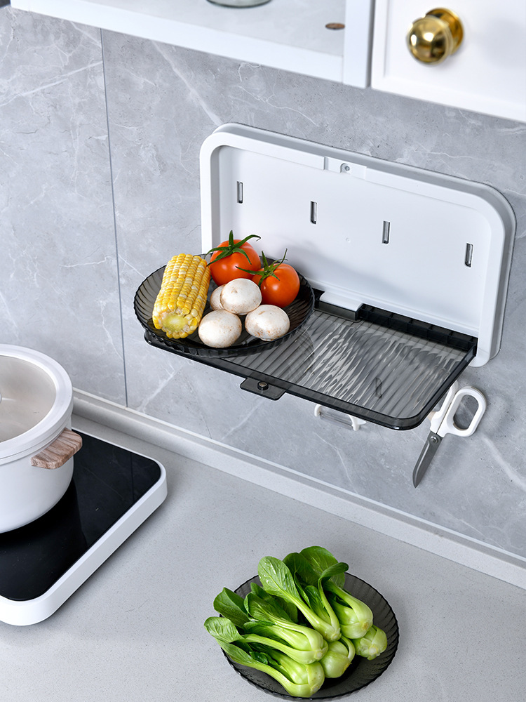Kitchen prep tray storage rack Multi-layer folding side dish storage rack Household distribution box perforation-free wall hanging prep tray 0414-3082 Application Scenario