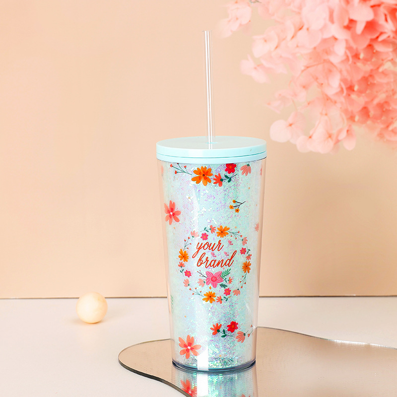 Ins-style plastic water cup, summer portable large-capacity cold drink cup, girlish cherry blossom straw cup, high appearance level Specification image