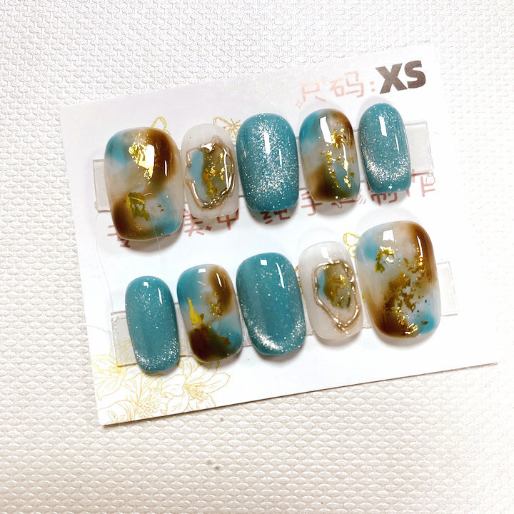 纯手工穿戴甲成品假指甲贴片果冻胶猫眼晕染贝壳钻鎏金10片xs号