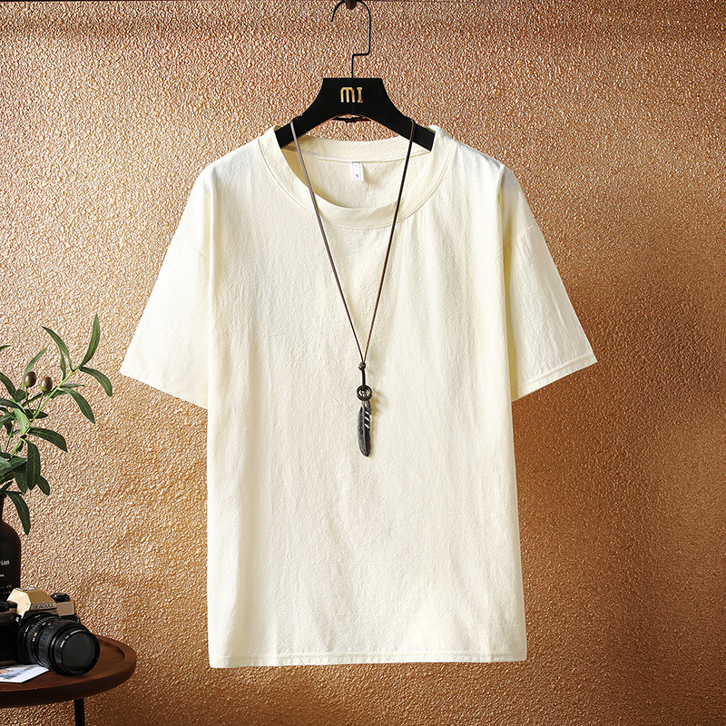 Summer cotton and linen men's Chinese-style solid-color linen loose large-sized short-sleeved T-shirt, Japanese-style half-sleeved trendy brand T-shirt, Chinese trend Specification image