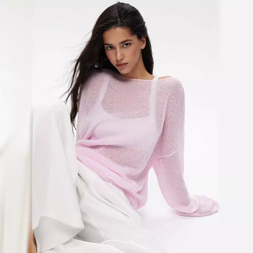 Cross-border hollowed-out knitted sweater, European and American 2025 Spring/Summer new women's see-through thin large round neck flared sleeve knitted T-shirt Specification drawing