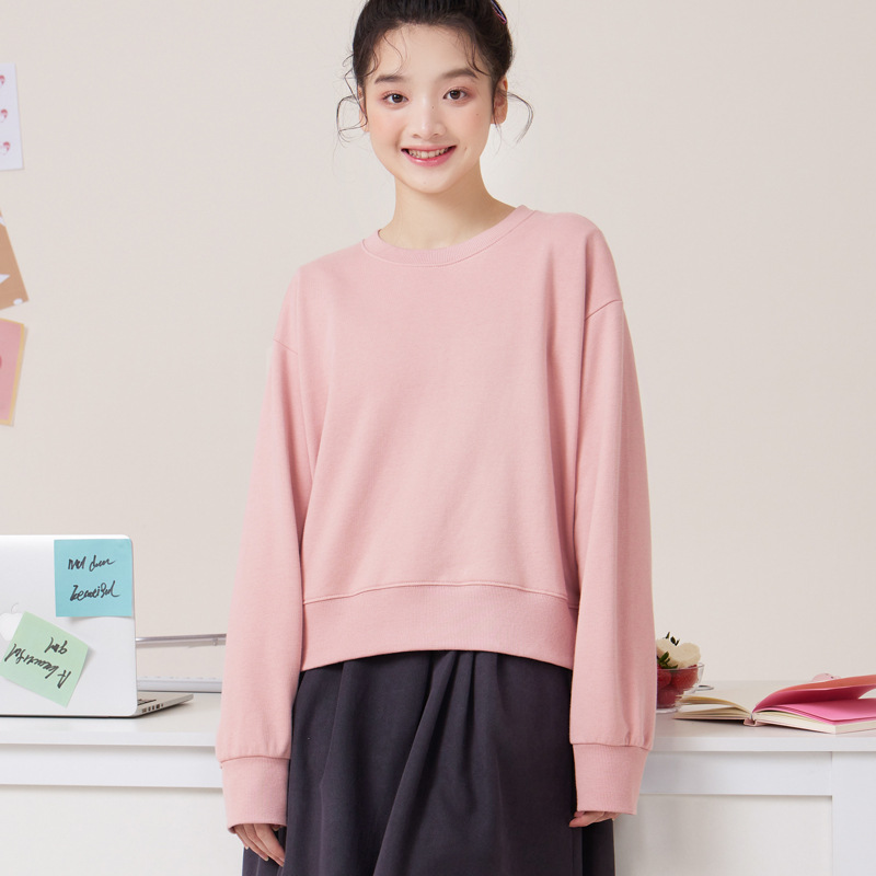 Short-sleeved long-sleeved sweatshirt for girls, large-sized off-the-shoulder top, round-neck top for plump girls in spring and autumn, sweet apricot-colored pullover Specification image
