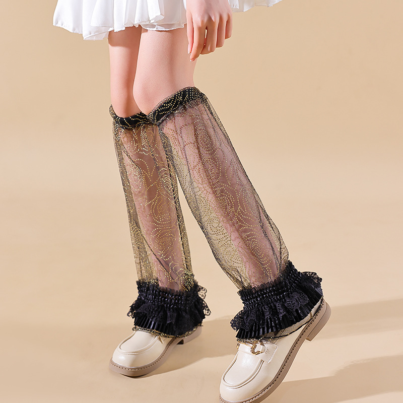 A Japanese-style sweet and cool girl summer thin transparent black lace mosquito-proof wide-leg sock with a sexy golden rose
