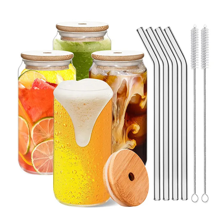 Cross-border Mason cups, cola cups with LIDS, straw sets, high-temperature resistant cans, glass water cups, juice cold drink cups