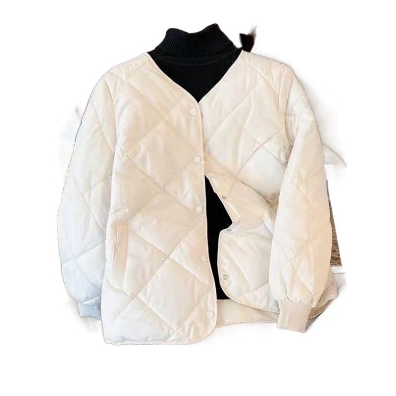 Korean Version Of Large Size Cotton-Padded Women's Short Rhombelled Collarless Small Fragrance Light Winter Cotton-Padded Coat Coat Item Picture