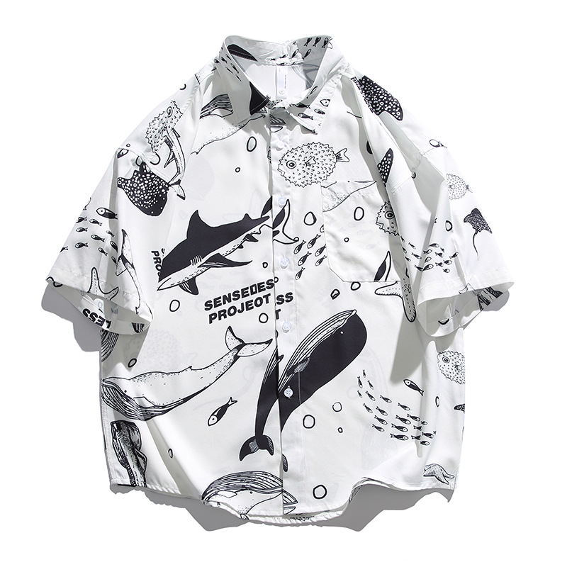 Whale print short-sleeved shirt for men's summer new trendy brand couple style casual half-sleeved beach ice silk shirt for men