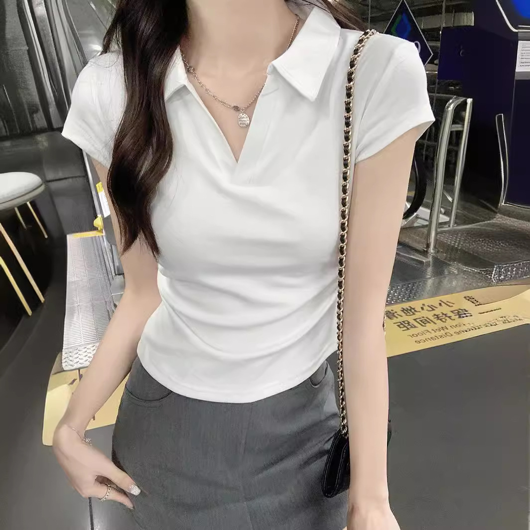 Hot girl tight-fitting Polo off-the-shoulder short-sleeved T-shirt for women, with a unique and slimming design. Pair it with a short base layer top for summer details Picture