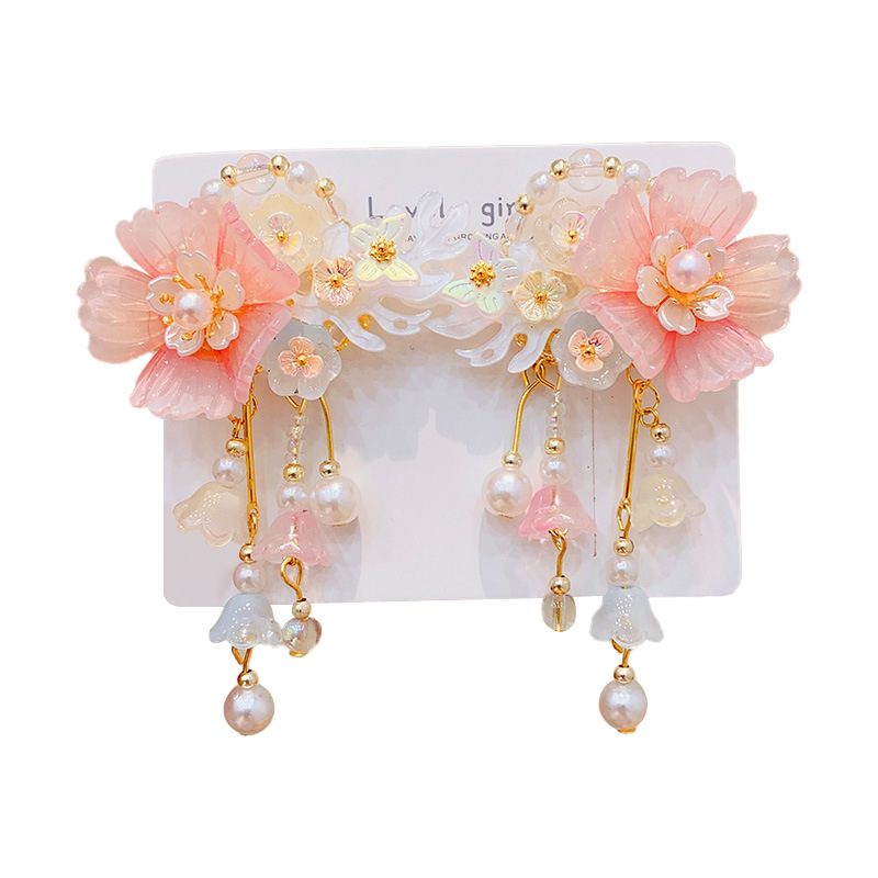 Children's hairpins, girls' super fairy-like ancient costume flower hair clips, Chinese-style stepping tassel hair clips, hair accessories, Hanfu headwear for girls Item Picture