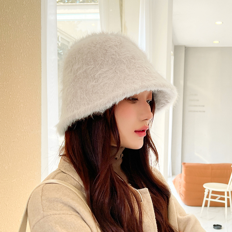 New Solid Color Ladies Autumn Winter Rabbit Hair Warm Bucket Hat Outdoor Leisure Tourism Dome Basin Hat Tide Wholesale details Picture