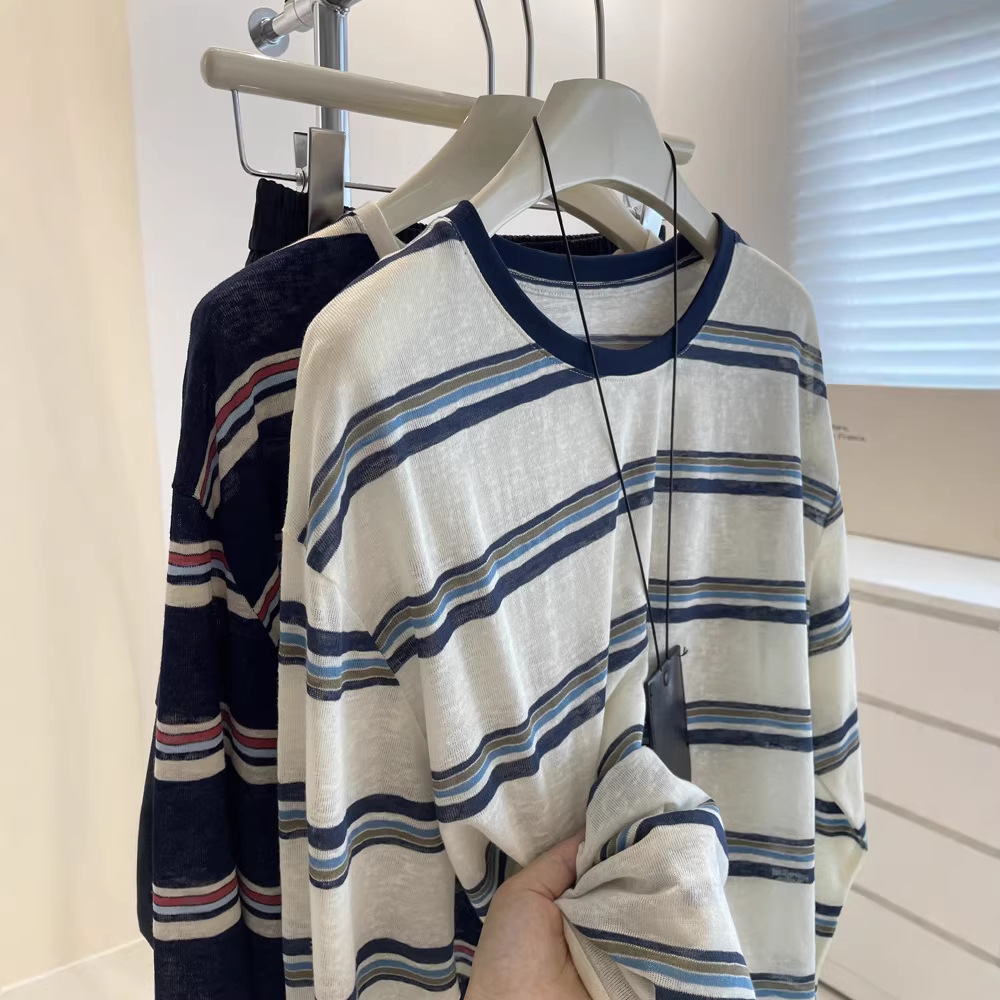 Laid-back vibe ~ A retro whitening color-blocking striped sun-protective shirt for women! A loose and slimming casual long-sleeved T-shirt with a summer drape Specification image