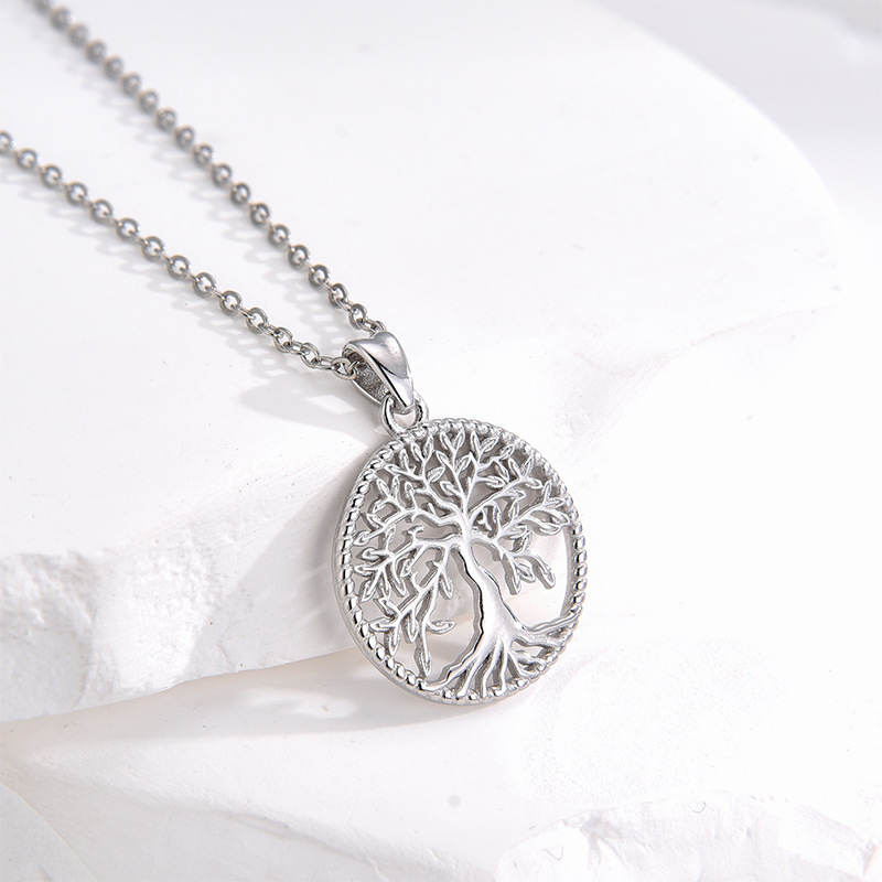 Cross-Border Bestseller S925 Sterling Silver Round, Personalized, Versatile And High-End Necklace, European And American Fashionable Hollowed-Out Life Tree Pendant details Picture