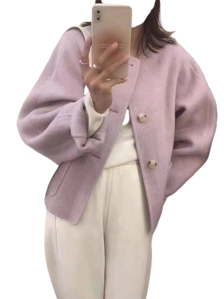 2023 Autumn And Winter New Collarless Double-Sided Wool Coat In The Long Korean Version Of Girls Loose Casual Woolen Coat Female Item Picture