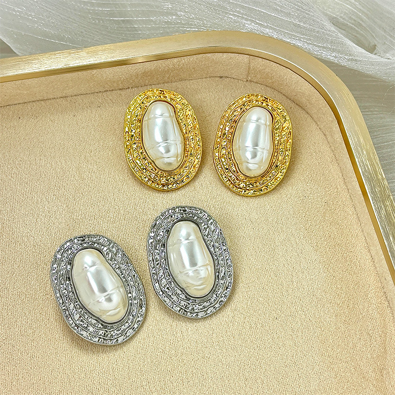 侣贡复古合金椭圆耳环女夸张巴洛风珍珠耳钉欧美高级感个性耳饰品