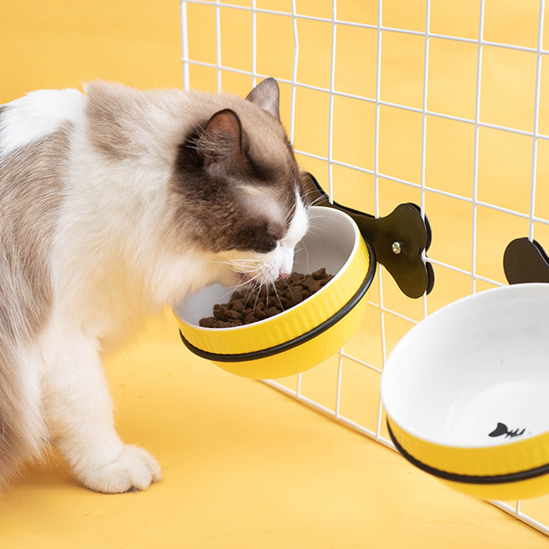 倾斜陶瓷猫碗宠物食盆单碗喝水碗悬挂式猫粮盆固定挂笼狗碗狗用品