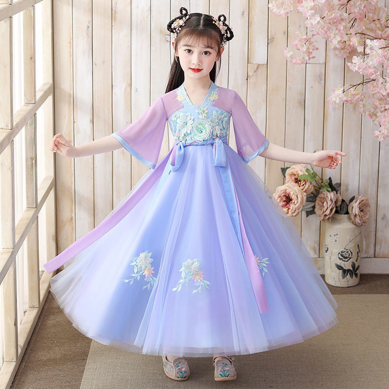 National Trend - Hanfu Children's, Girls', Kids', Little Girls' dresses Summer skirts Ethereal and flowing 2023 Short-sleeved ancient-style thin designs