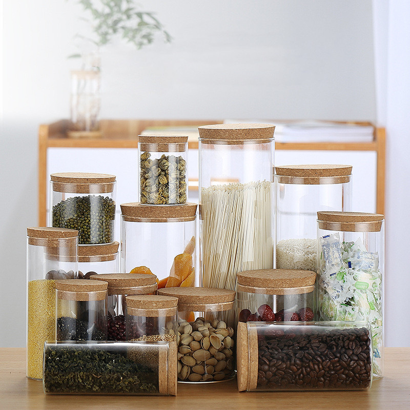 Household glass coffee and tea sealed jars with cork stoppers, sugar jars, storage jars, grain storage jars and storage jars