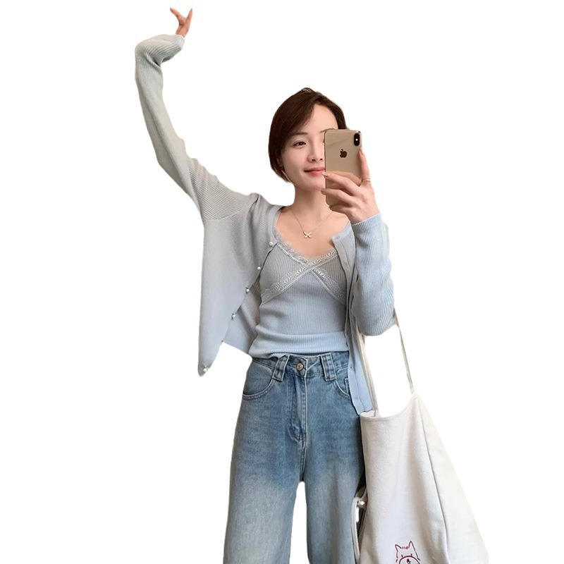 Dongguan Dalang Autumn New Women's knitted cardigan halter set, stylish sweater, versatile two-piece top Item Picture