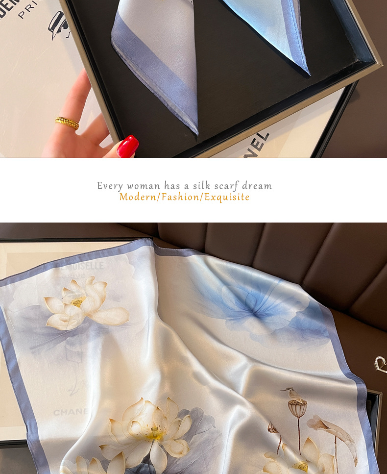 2024新款淡雅荷花桑蚕丝丝巾女真丝围巾杭州丝绸70方巾送妈妈长辈详情11