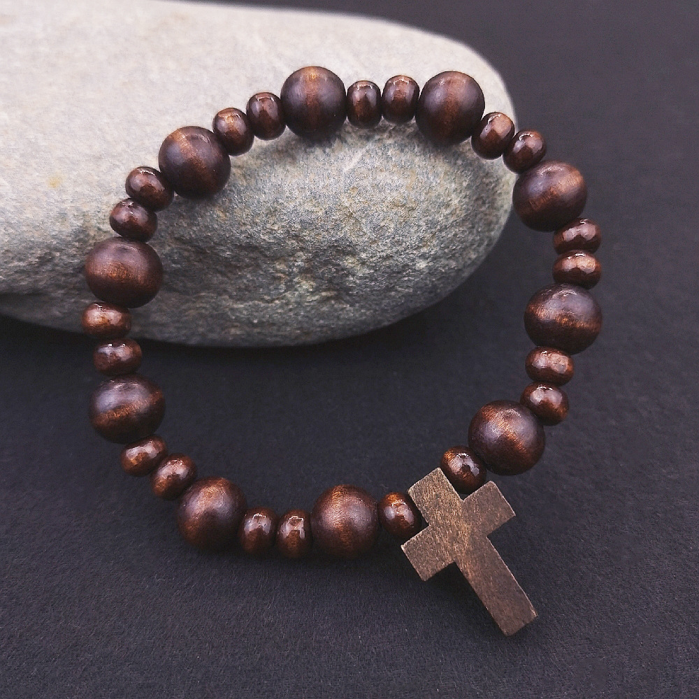 Europe And The United States Cross-Border Amazon Temu Foreign Trade Selling Retro Wood Bead Cross Bracelet For Men And Women Handmade Elastic Bracelet Couple Jewelry