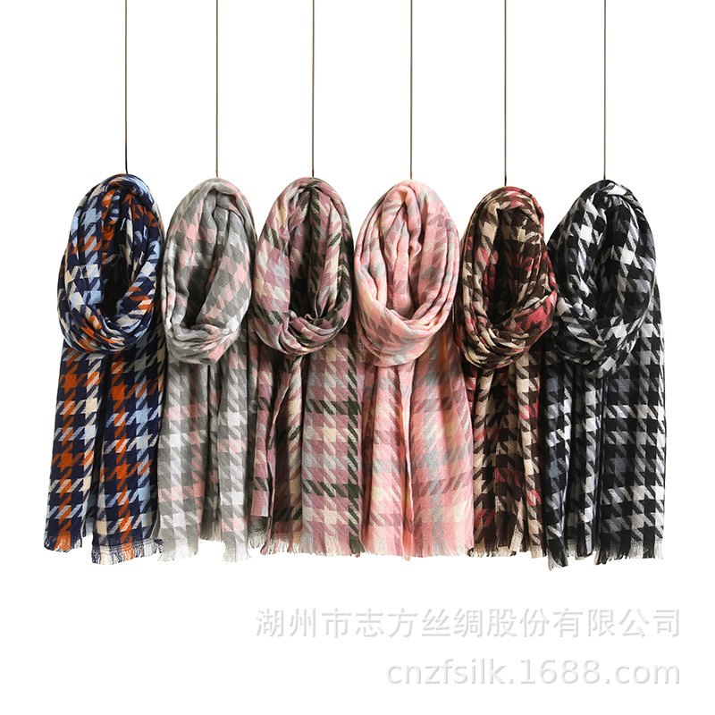 Autumn And Winter New Big Thousand Bird Check Scarf For Women Warm Thick Students Imitation Cashmere Plaid Scarf Jacquard Shawl Item Picture