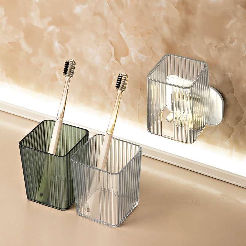Transparent, hole-free, light luxury toothbrush holder, bathroom toiletry set, wall-mounted toothbrush rack, transparent toiletry cup Application Scenario