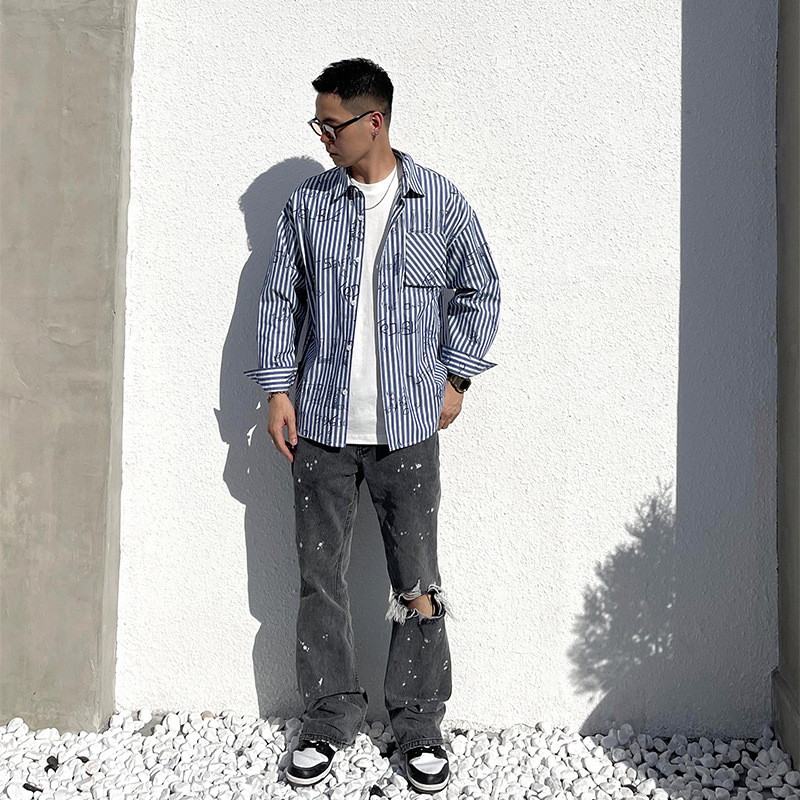 LU Japanese-style fresh and versatile shirts for men's casual loose long-sleeved striped shirt jackets wholesale details Picture