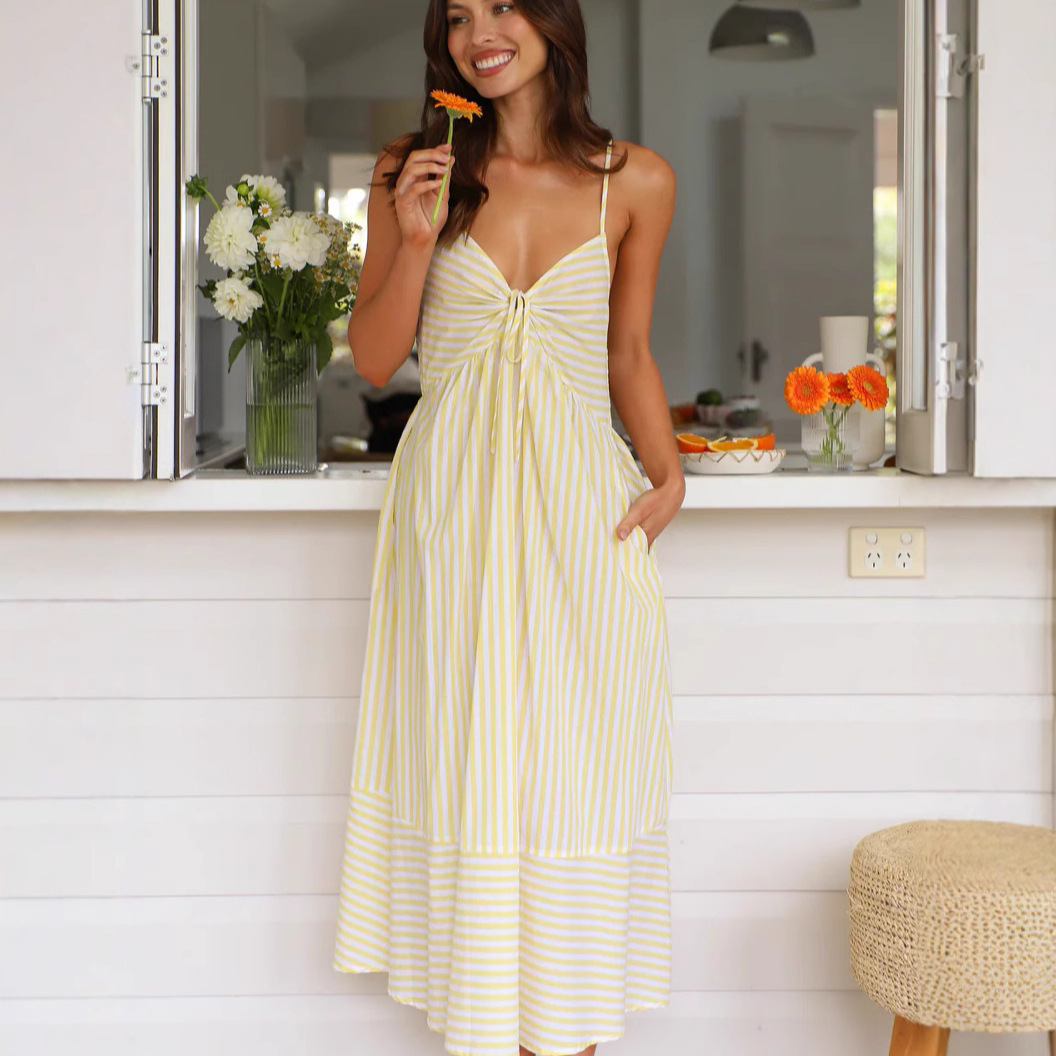 2025 summer European and American foreign trade Amazon cross-border independent station women's V-neck striped halter dress Application Scenario