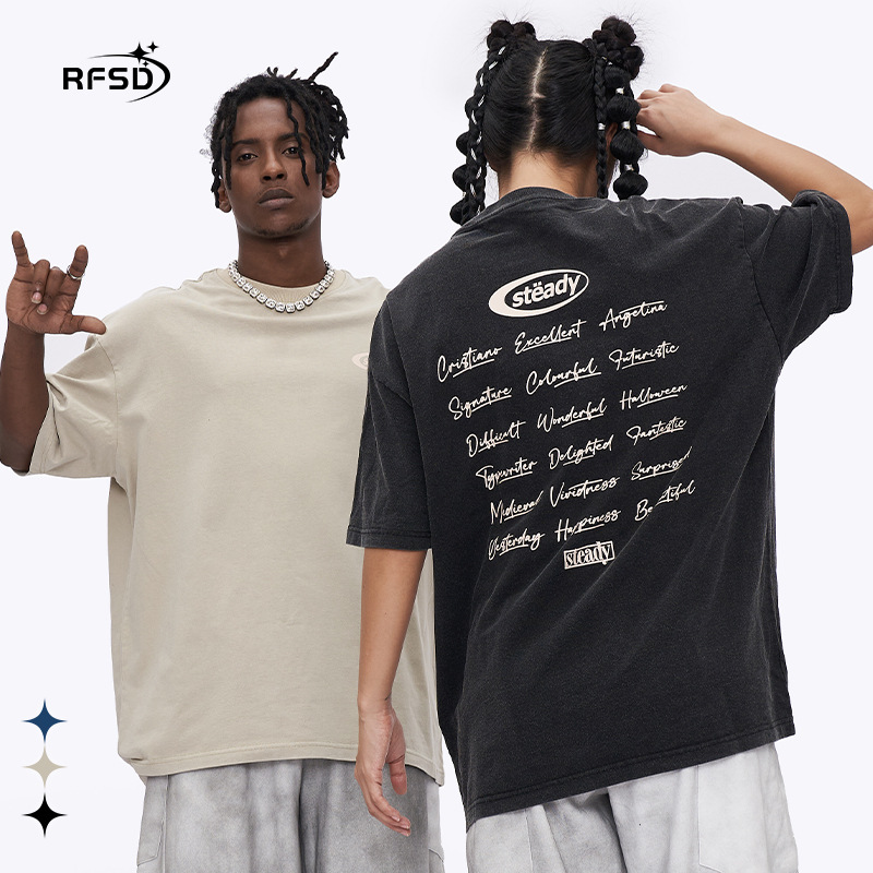 RFSD男装丨夏季复古做旧工艺高街水洗短袖潮牌宽松小领口蜡染t恤