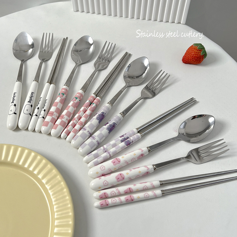 Chopsticks Spoon Set One Person With Fork Tableware Portable Chopsticks Single Set Cute Stainless Steel Tableware Chopsticks Spoon Set Application Scenario