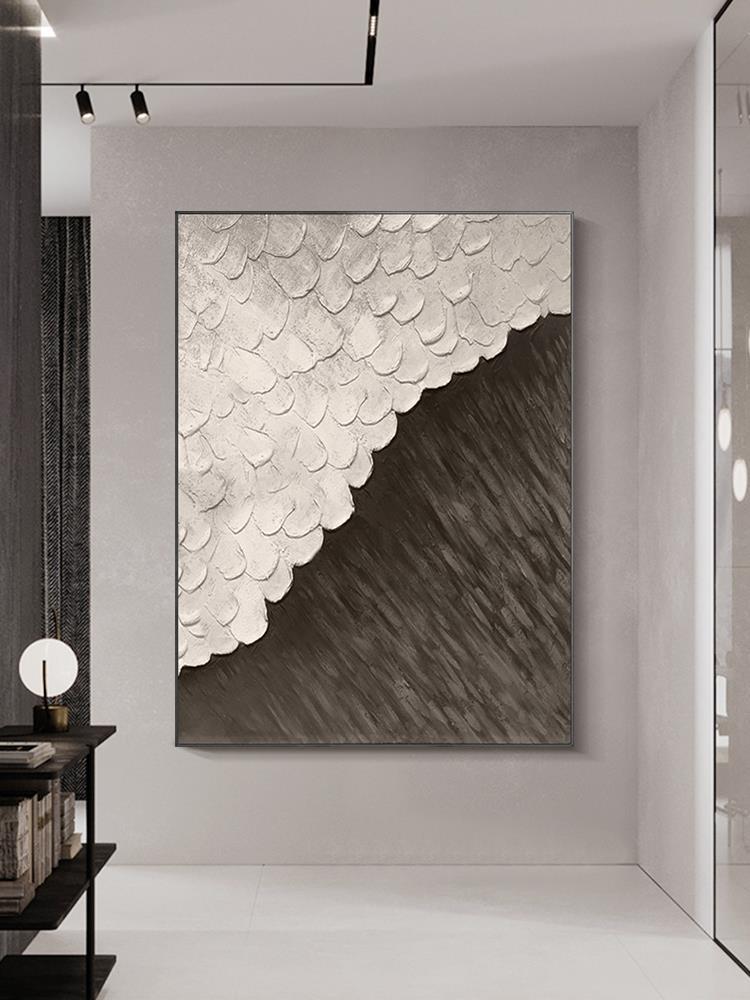 简约现代抽象手绘油画黑白海浪海滩玄关装饰画立体客厅挂画肌理画