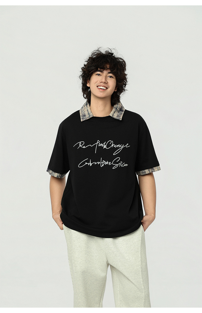 SAVAGEBASE 2026 Summer New American streetwear brand letter chain embroidery check patchwork fake two-piece lapel T-shirt for men pic 5