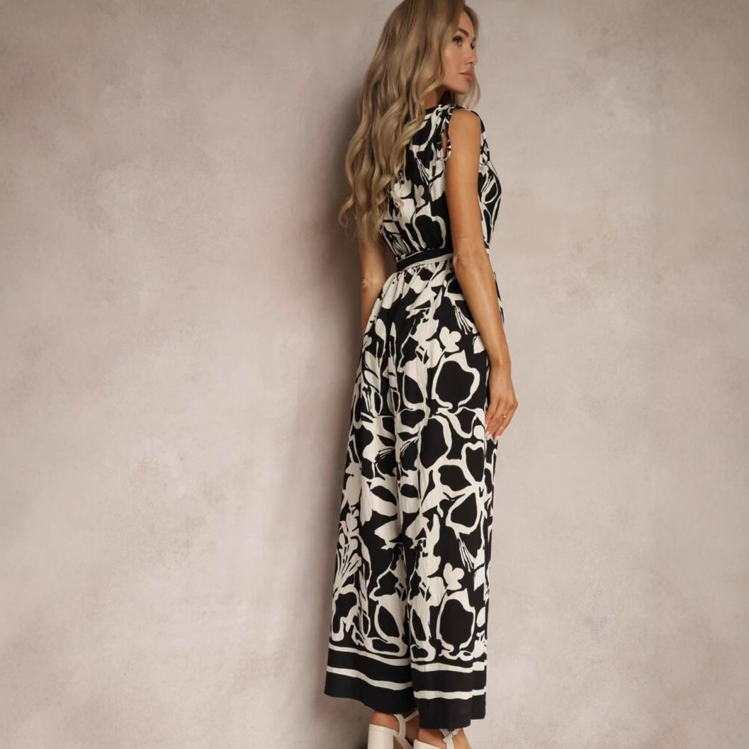 In the summer of 2025, a fashionable and casual V-neck printed sleeveless jumpsuit for cross-border Amazon from Europe and America Application Scenario