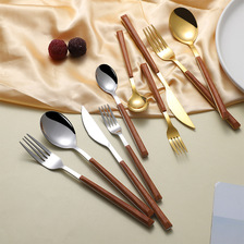 批发不锈钢仿木柄刀叉勺葡萄牙西餐餐具木纹餐具夹柄餐具日式餐具