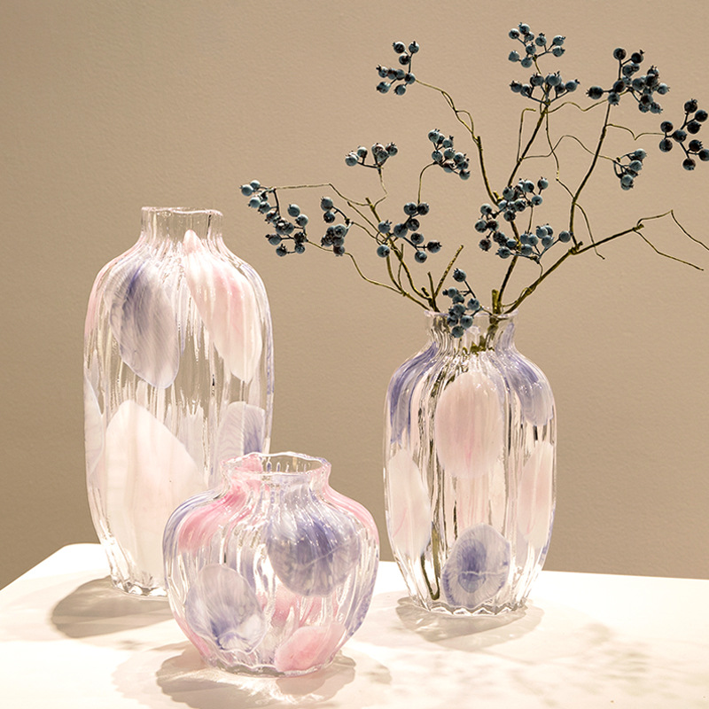 粉蓝紫波点花瓶简约条纹外贸出口手工玻璃花器样板间民宿装饰摆饰