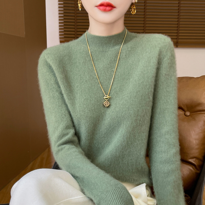 Seamless one-piece ready-to-wear women's pure wool sweater, semi-high neck solid color 100 wool knitted sweater, high-end top details Picture