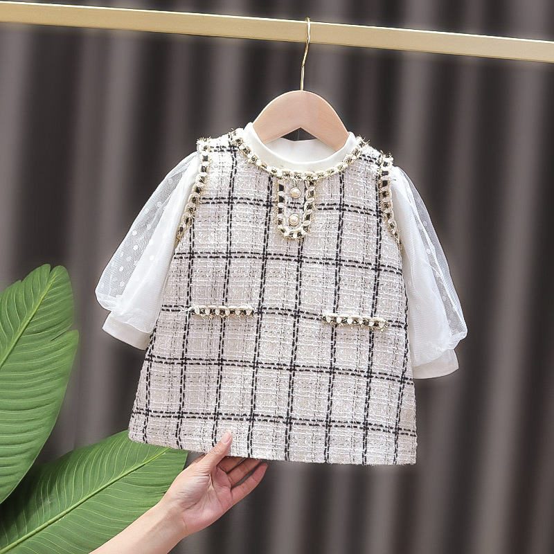 Children's and girls' dress for spring and autumn, children's and girls' baby checkered two-piece set, princess dress, children's autumn dress Specification image