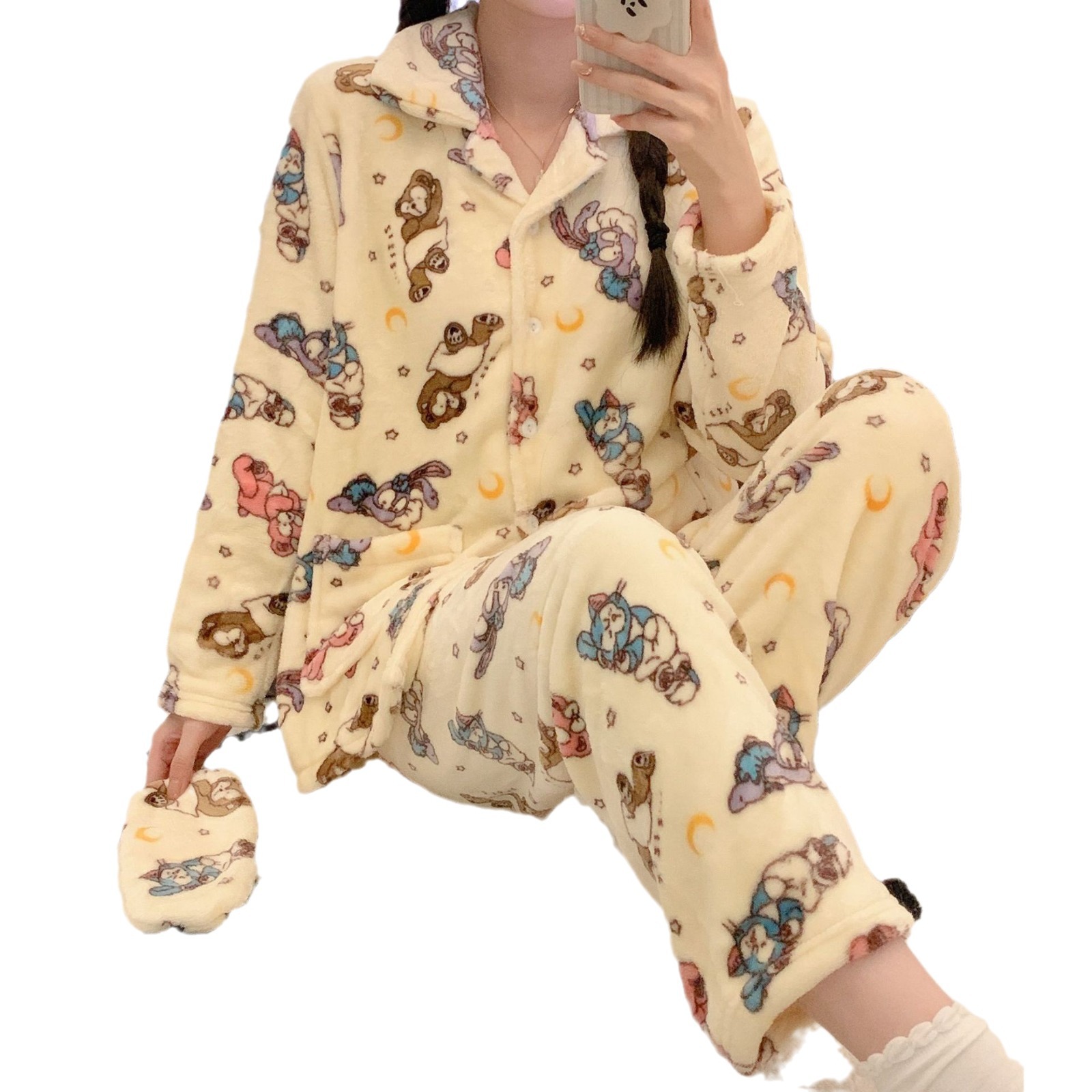 Winter Flannel Ladies Pajamas Lapel Cardigan Long Sleeve Trousers Girl Cartoon Cute Warm Home Suit Item Picture