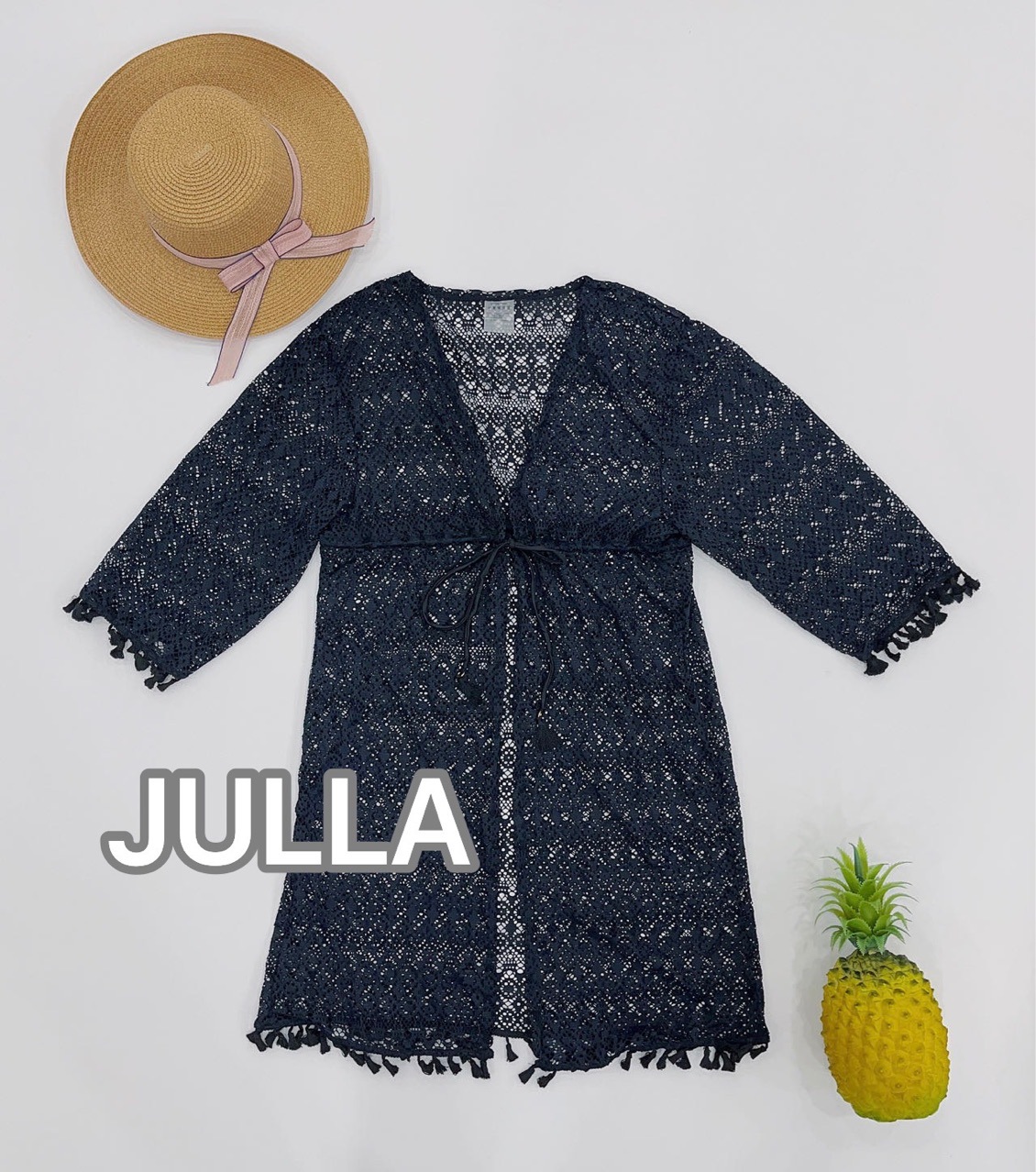 New Tassel Embroidery Lace Mesh Cardigan Black Shawl Sunblock Breathable Beach Cover-Up With Swimsuit details Picture