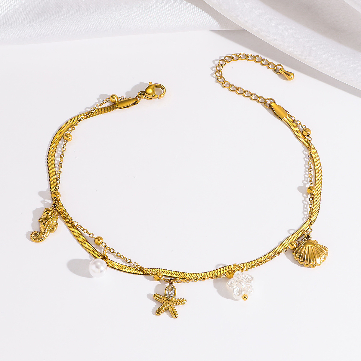 脚链女跨境时尚海洋系列双层足饰钛钢海星扇贝海马多元素沙滩脚链