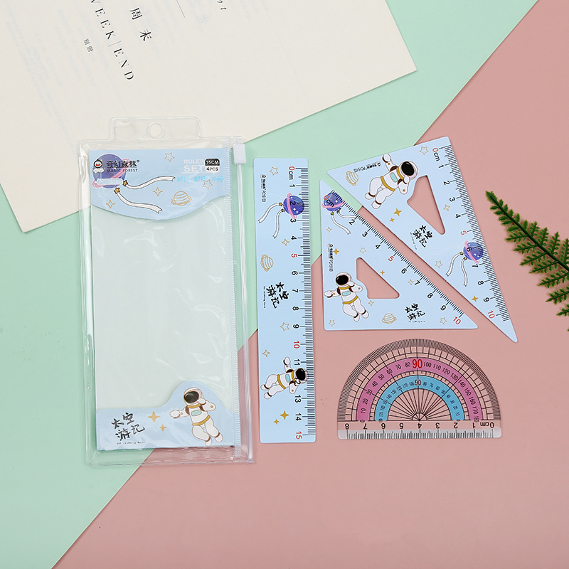The factory sells the NEW student ruler set straight ruler triangle transparent protractor cartoon set ruler 4 pieces Specification drawing