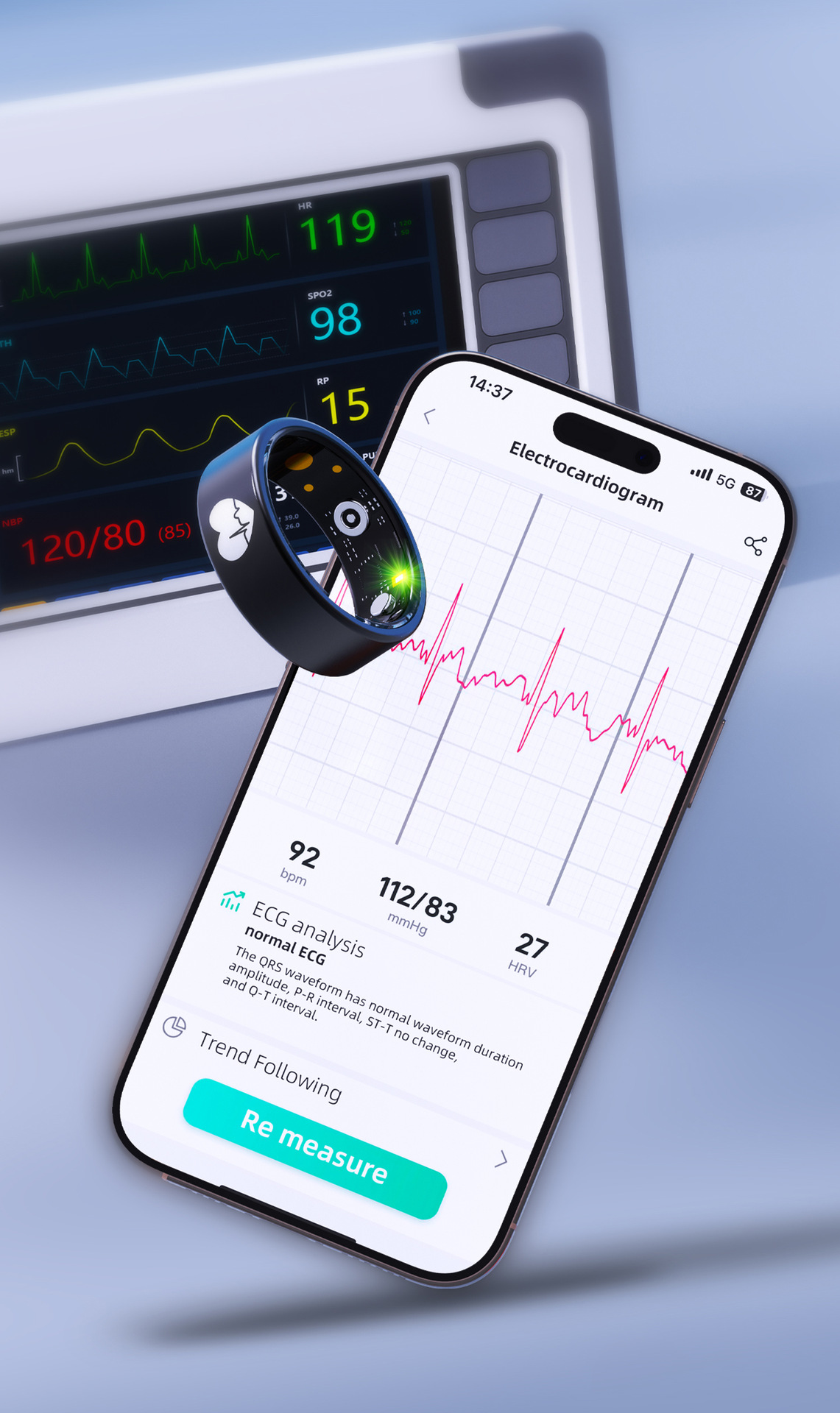 ECG smart ring automatically monitors heart rate, blood oxygen, blood pressure, blood sugar, body temperature, sleep and exercise, and provides remote care pic 14