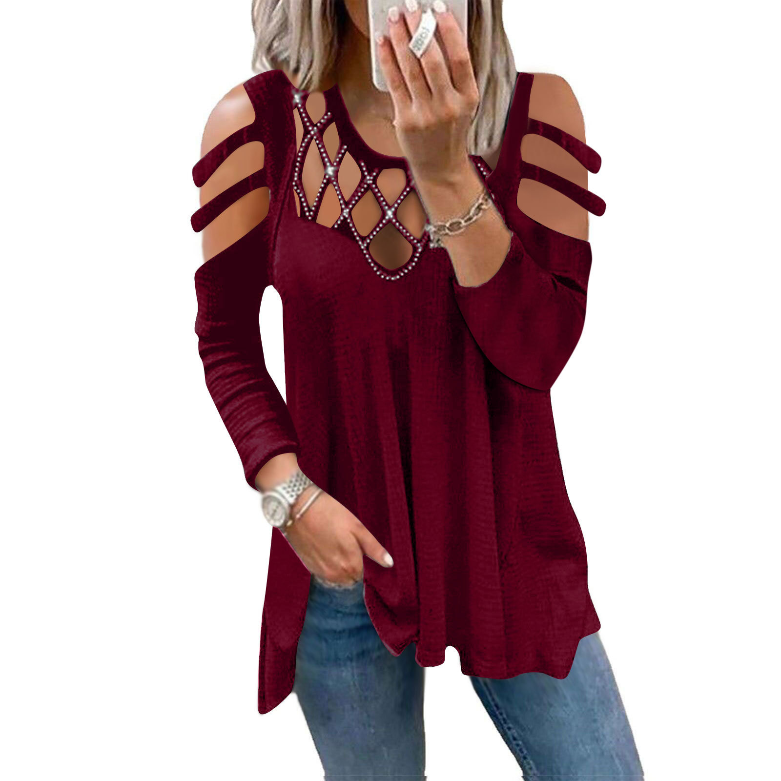 2022 Cross-border Autumn/Winter New independent Station fashion V-neck solid color off-the-shoulder cutout front chest hot diamond casual top women's T-shirt Specification image