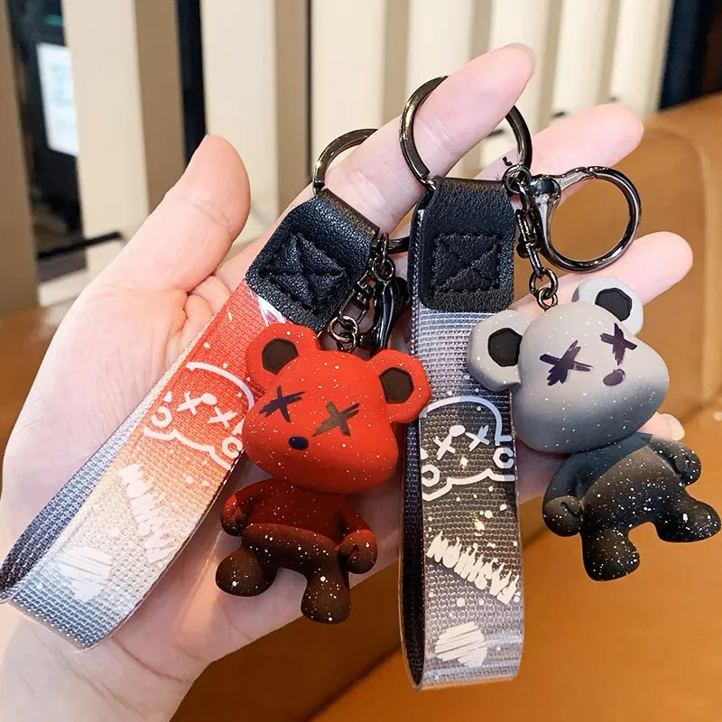 Cartoon starry sky chameleon bear car keychain, gradient violent bear, cute doll, schoolbag, hanging accessory, gift details Picture