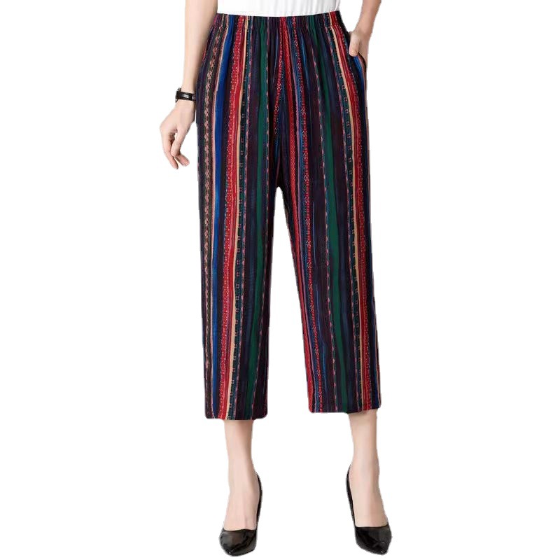 Summer cool thin ice silk women's pants, striped women's floral pants, 9/7/floral pants, casual pants for middle-aged and elderly mothers Item Picture