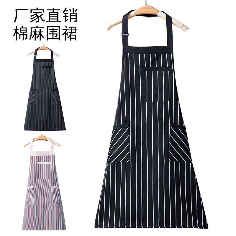 【 Chi Jia 】 Cotton and linen striped neck apron for foreign trade, home kitchen and catering, cotton apron for foreign trade work, printed