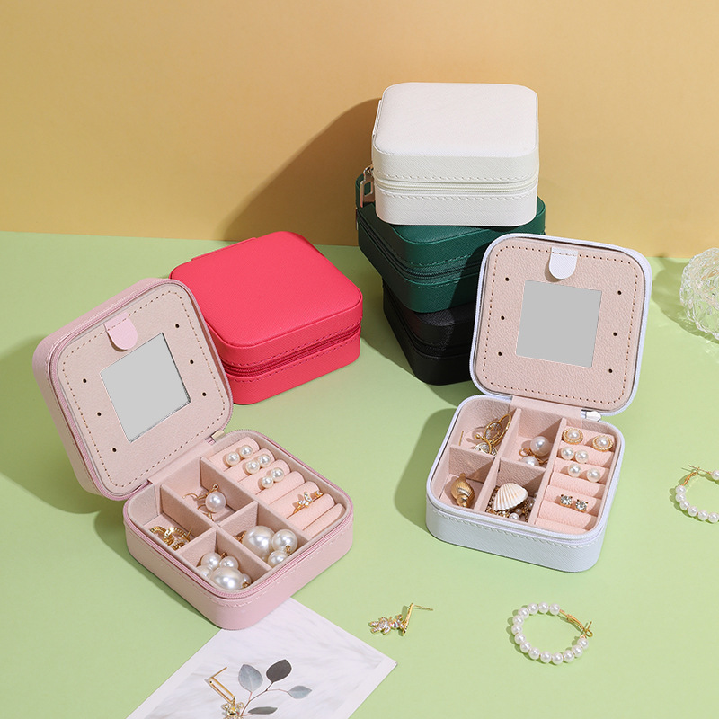 Wholesale of simple ins portable jewelry boxes, anti-oxidation earrings, stud earrings, rings, nail art accessories, storage boxes with mirrors