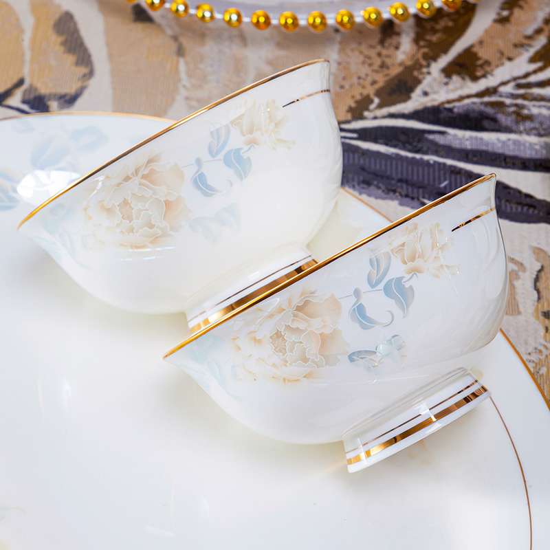 金边陶瓷碗创意个性家用大号碗筷面碗饭碗骨瓷餐具十个碗十个盘