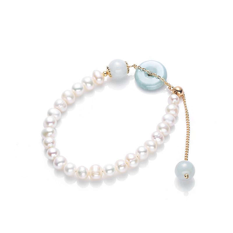 Natural freshwater pearl jade peace pendant bracelet, fresh and elegant beaded, retro style, 14k gold-plated jade bracelet Item Picture