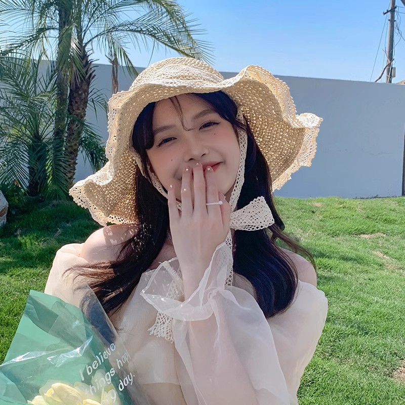 Hat Lady Lace Lace Straw Hat Summer New Travel Tie Day Tie Sweet Visor Outdoor Fisherman Hat Specification drawing